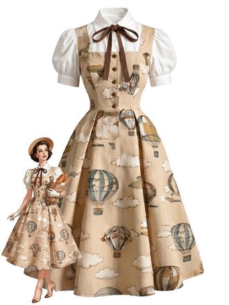 [Prévente] Robe kaki à imprimé montgolfières, effet deux pièces et manches bouffantes années 1950 - 1