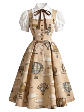[Prévente] Robe kaki à imprimé montgolfières, effet deux pièces et manches bouffantes années 1950 - 2