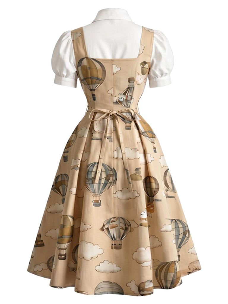 [Prévente] Robe kaki à imprimé montgolfières, effet deux pièces et manches bouffantes années 1950 - 3