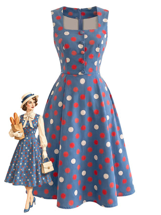 [Prévente] Robe bleue à pois, col carré et sans manches années 1950