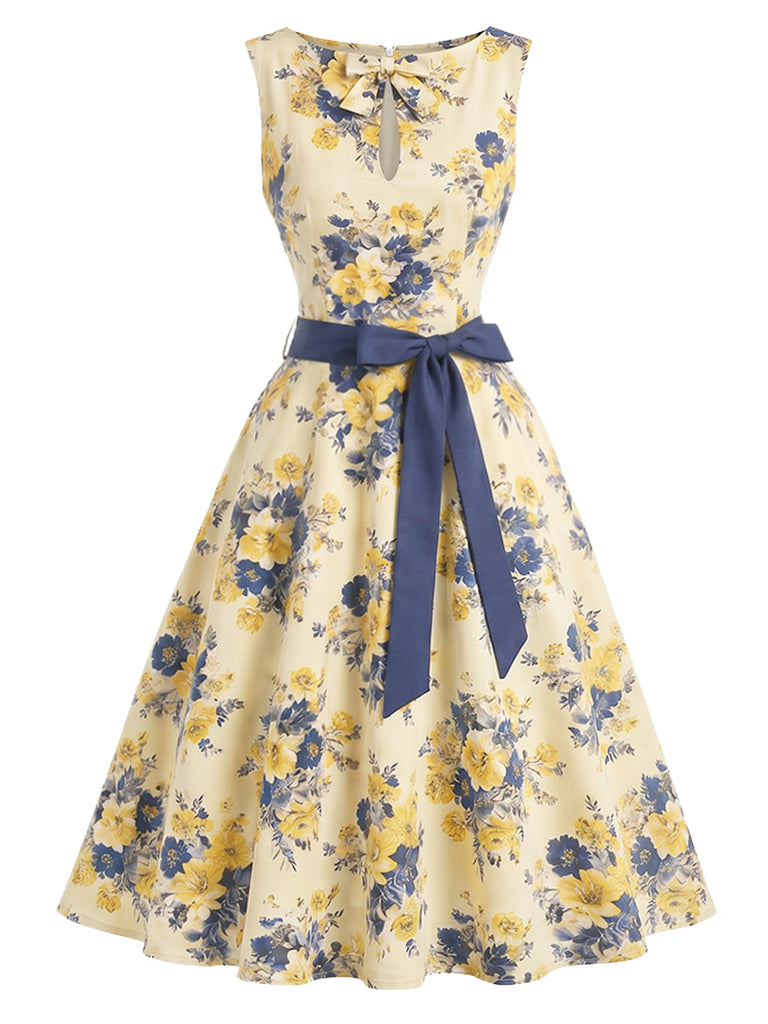 [Prévente] Robe multicolore florale à col rond, nœud et ceinture Années 1950