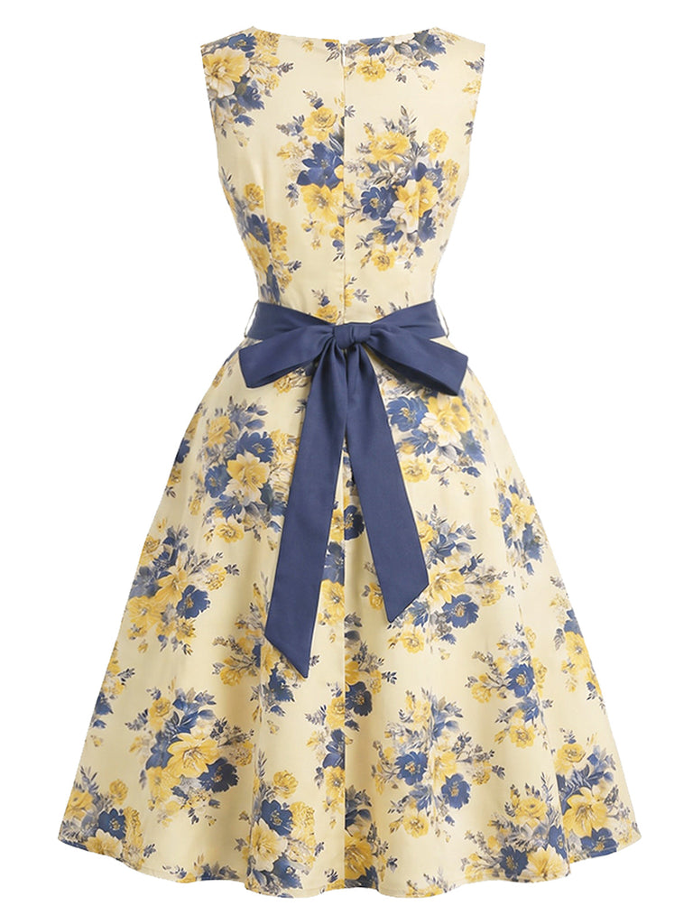 [Prévente] Robe multicolore florale à col rond, nœud et ceinture Années 1950