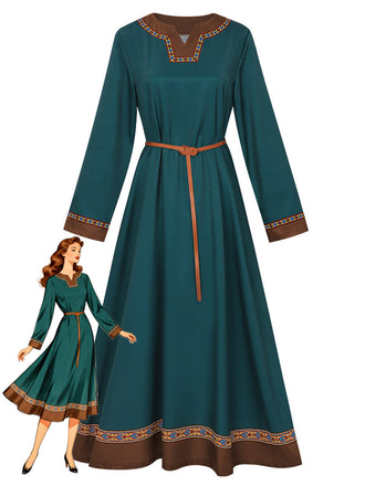 Robe Sarcelle Medieval Renaissance Patterned Trim Ceinturé Années 1970
