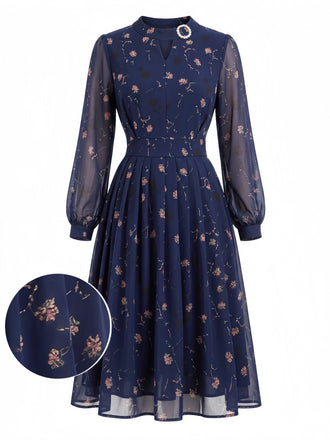 Robe Deep Bleu Ditsy Floral Manches Longues Plissé Années 1940