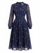 Robe Deep Bleu Ditsy Floral Manches Longues Plissé Années 1940