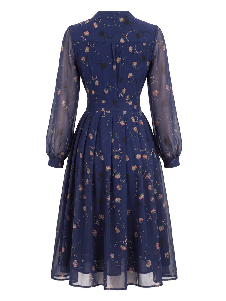 Robe Deep Bleu Ditsy Floral Manches Longues Plissé Années 1940