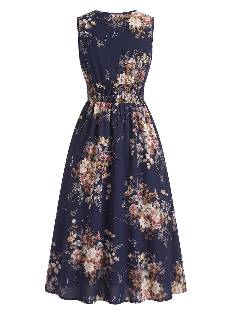 [Grande Taille] Robe Bleue Col Croisé Florale Sans Manches Années 1950 3
