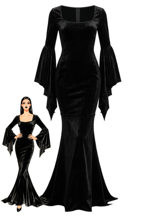 Robe Sirène Noire Velours Manches Évasées Inspirée Morticia Années 1930