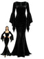 Robe Sirène Noire Velours Manches Évasées Inspirée Morticia Années 1930