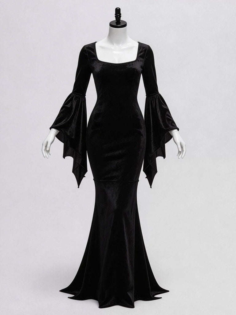 Robe Sirène Noire Velours Manches Évasées Inspirée Morticia Années 1930 4