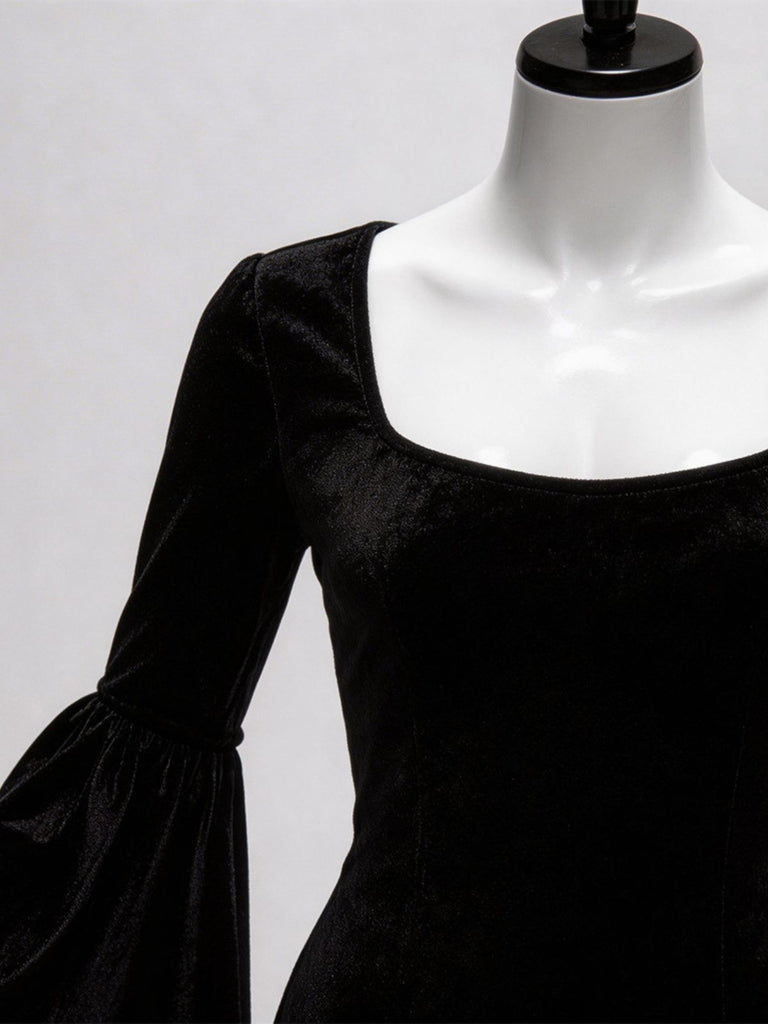 Robe Sirène Noire Velours Manches Évasées Inspirée Morticia Années 1930 8
