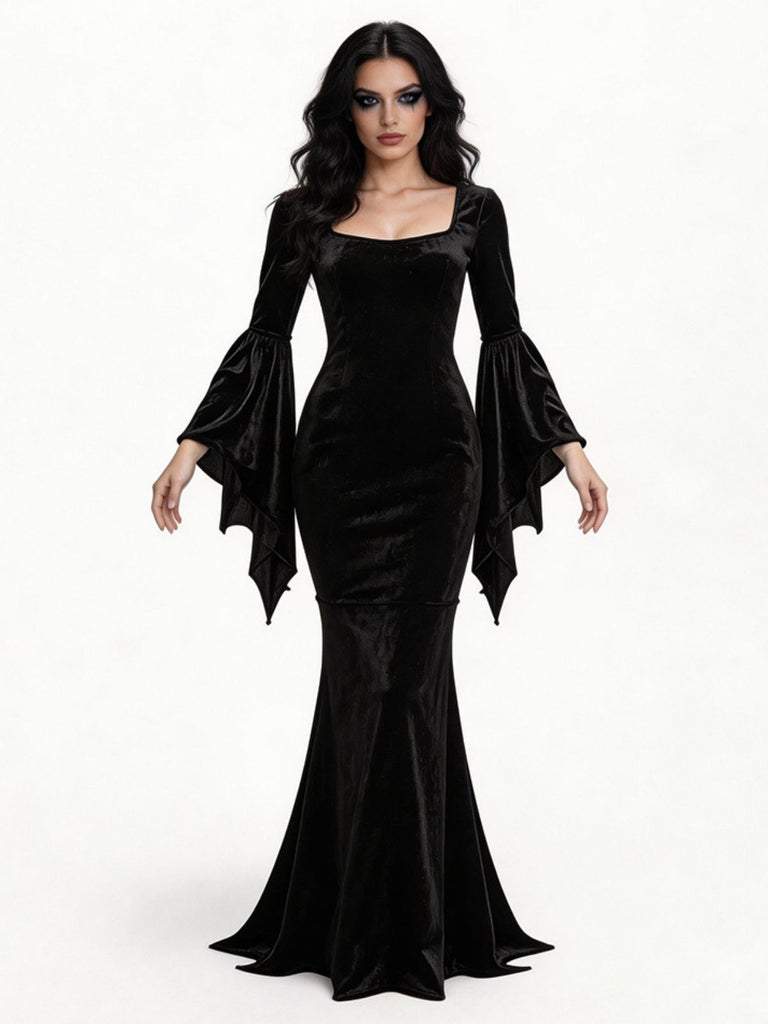 Robe Sirène Noire Velours Manches Évasées Inspirée Morticia Années 1930 3