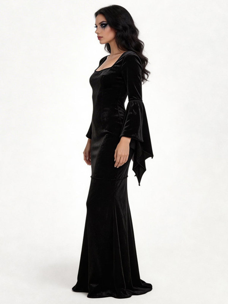 Robe Sirène Noire Velours Manches Évasées Inspirée Morticia Années 1930 5