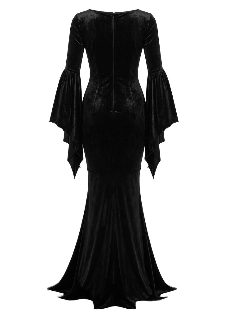 Robe Sirène Noire Velours Manches Évasées Inspirée Morticia Années 1930 7