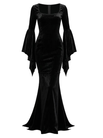 Robe Sirène Noire Velours Manches Évasées Inspirée Morticia Années 1930 2
