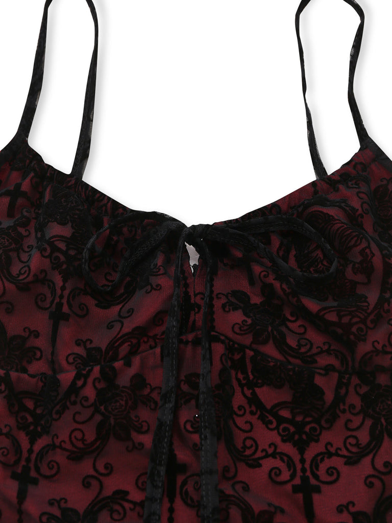 Robe Gothique à Bretelles Spaghetti en Tulle Rouge Années 1960