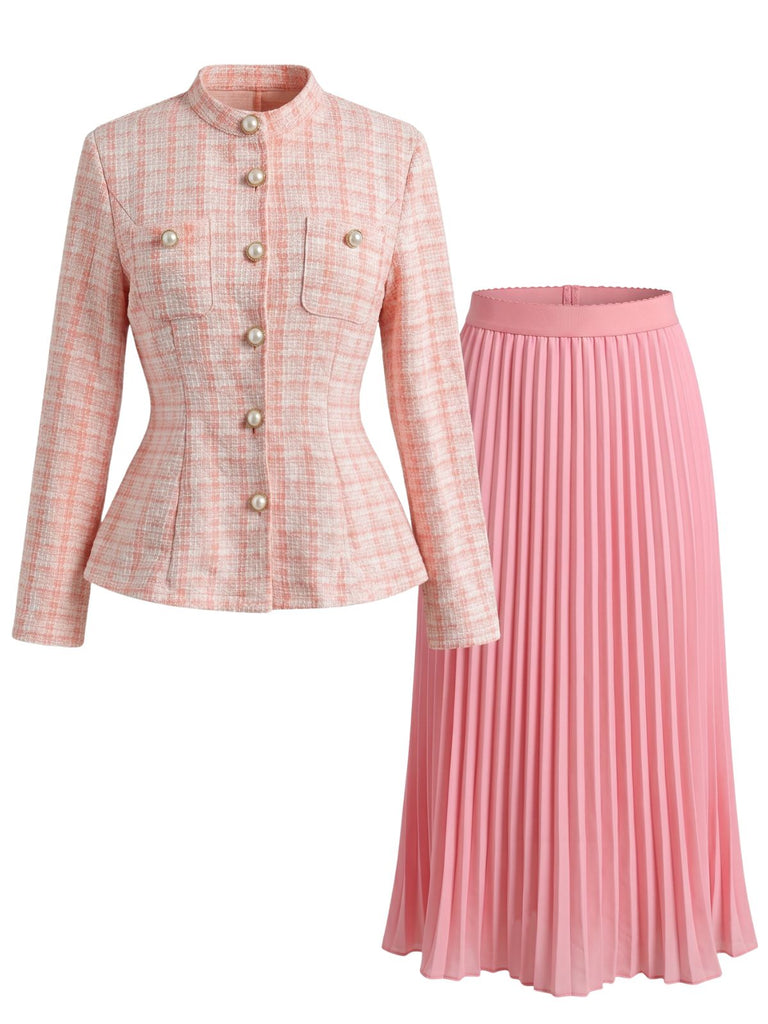 Ensemble deux pièces en tweed, veste à col montant et boutons perlés et jupe plissée années 1960 - 1