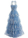 Robe Maxi à Volants Étagés en Tulle Floral et Dentelle Bleu Années 1930