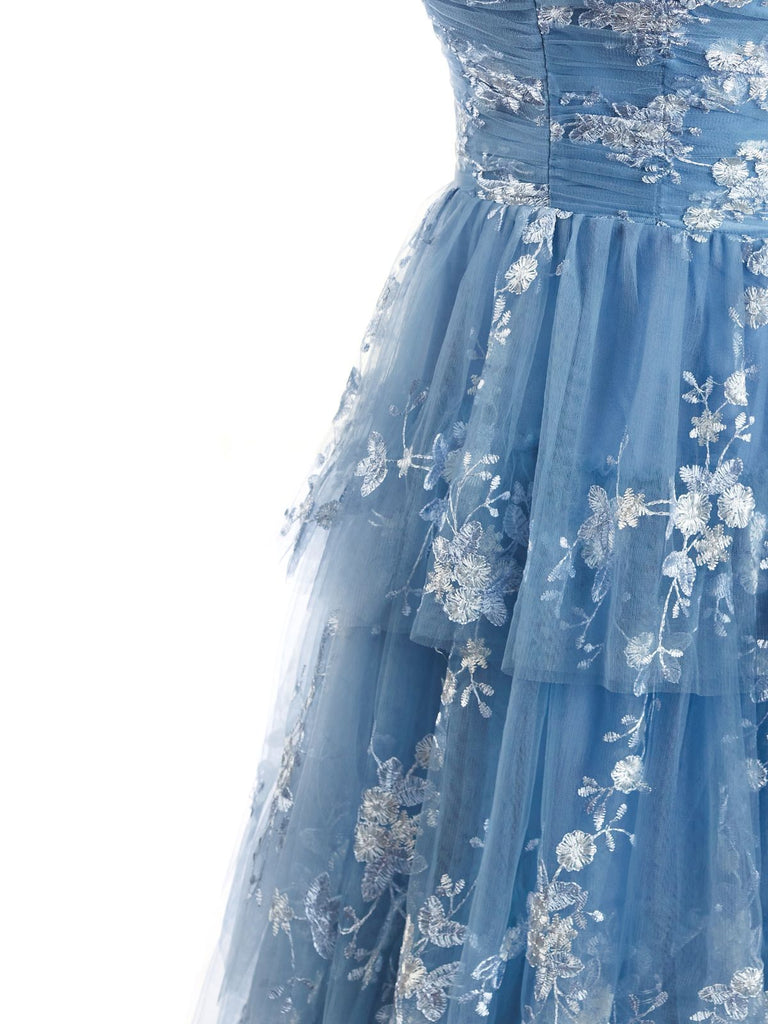 Robe Maxi à Volants Étagés en Tulle Floral et Dentelle Bleu Années 1930