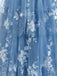 Robe Maxi à Volants Étagés en Tulle Floral et Dentelle Bleu Années 1930