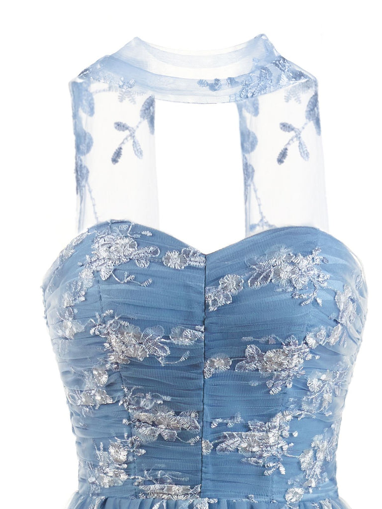 Robe Maxi à Volants Étagés en Tulle Floral et Dentelle Bleu Années 1930