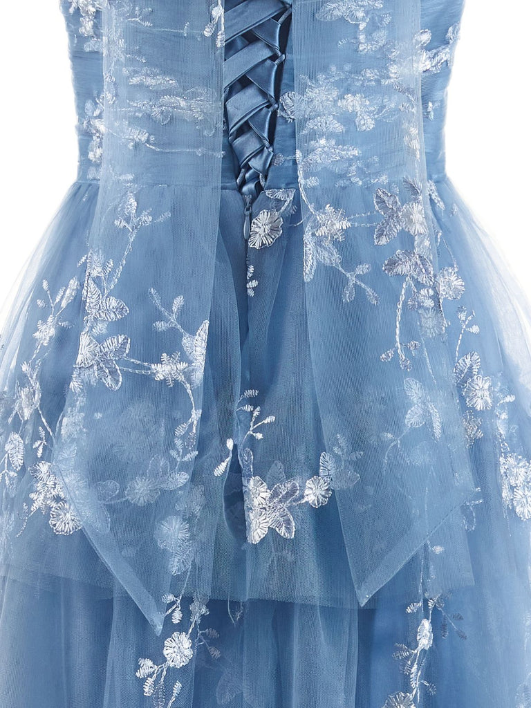 Robe Maxi à Volants Étagés en Tulle Floral et Dentelle Bleu Années 1930