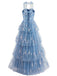 Robe Maxi à Volants Étagés en Tulle Floral et Dentelle Bleu Années 1930