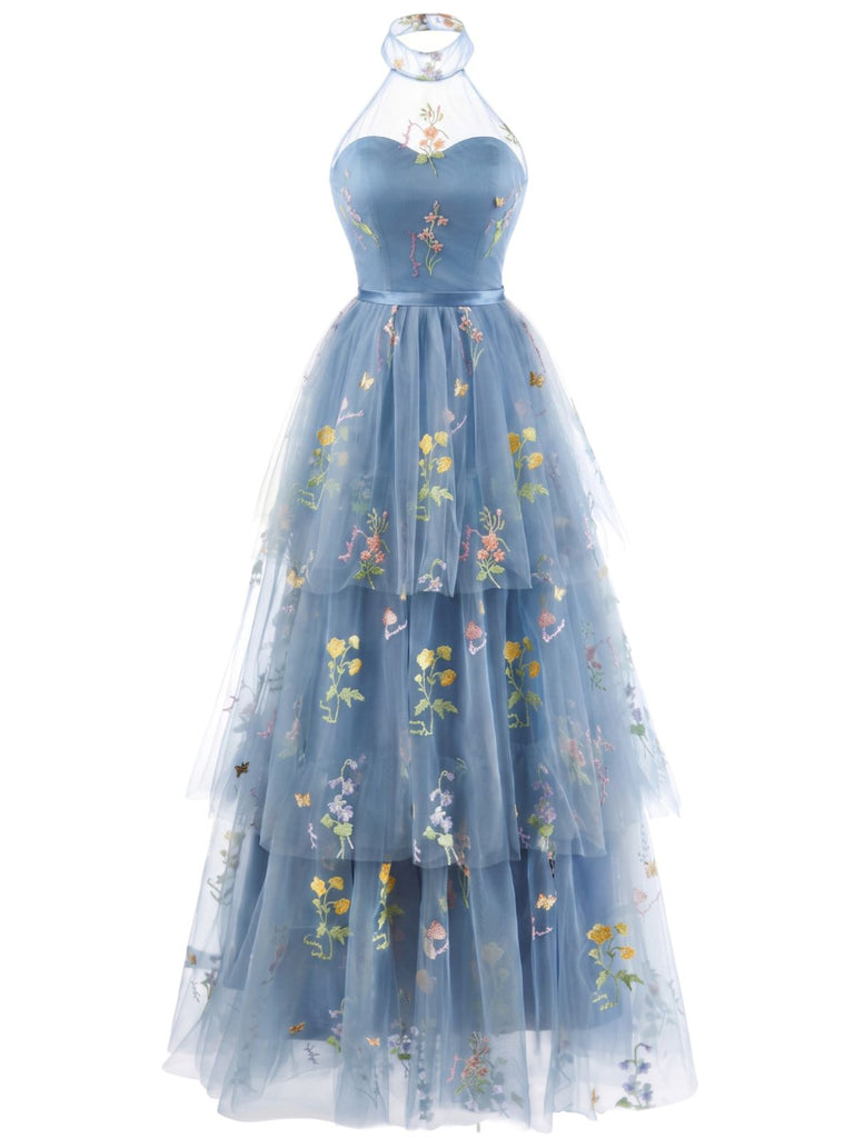 Robe Longue Satin Mesh Dos-Nu Broderie Florale à Volants Étagés Années 1930