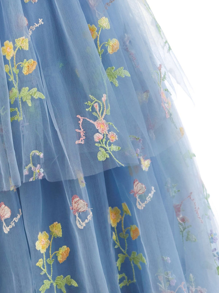 Robe Longue Satin Mesh Dos-Nu Broderie Florale à Volants Étagés Années 1930 6