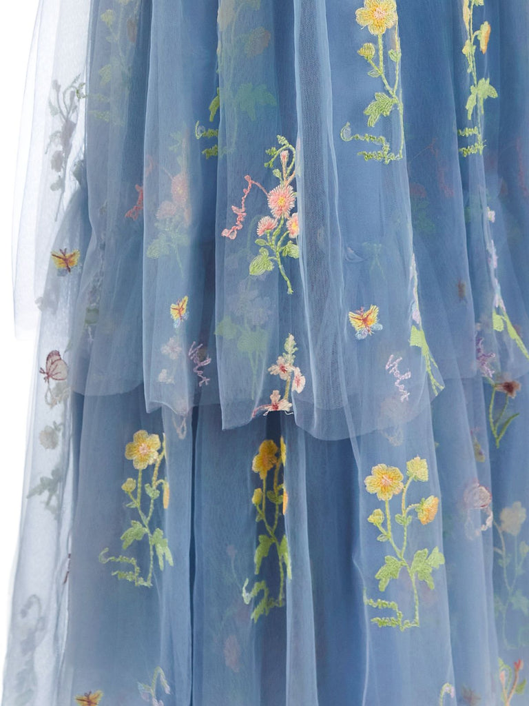 Robe Longue Satin Mesh Dos-Nu Broderie Florale à Volants Étagés Années 1930 7
