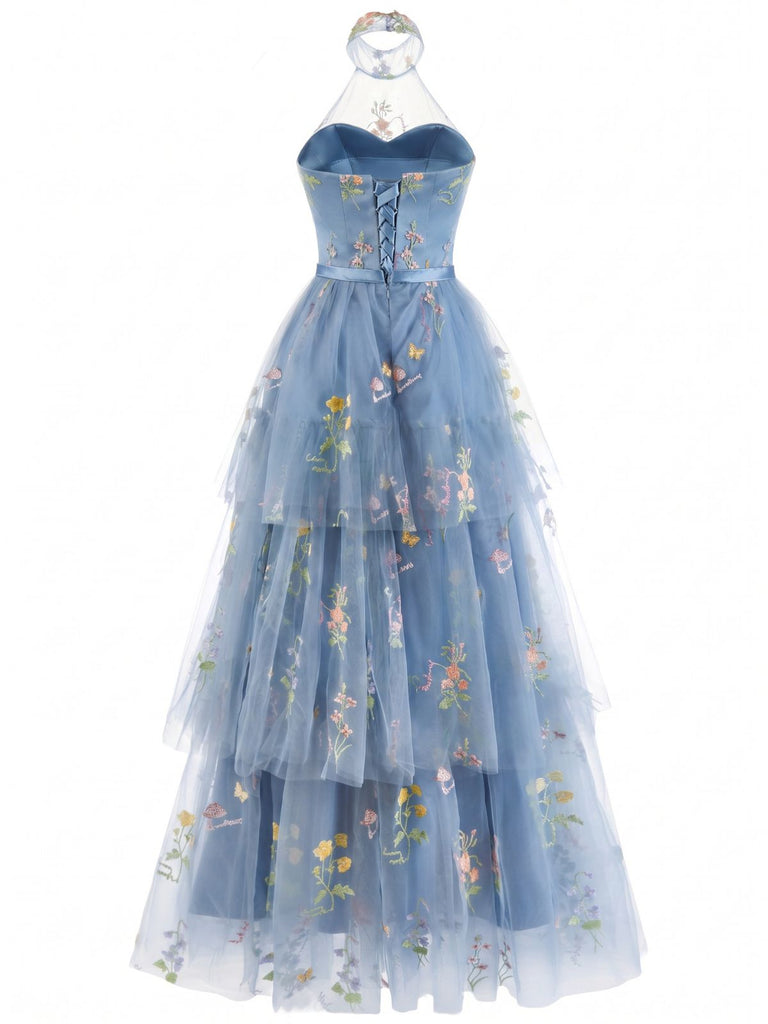 Robe Longue Satin Mesh Dos-Nu Broderie Florale à Volants Étagés Années 1930 2