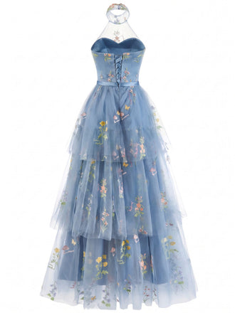 Robe Longue Satin Mesh Dos-Nu Broderie Florale à Volants Étagés Années 1930 2