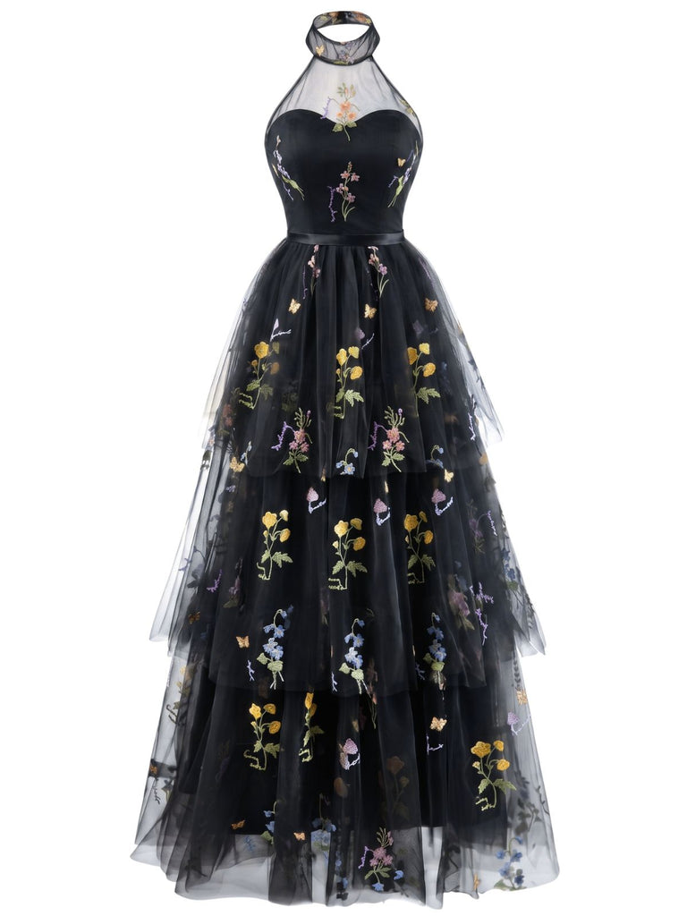 Robe Longue Satin Mesh Dos-Nu Broderie Florale à Volants Étagés Années 1930 3