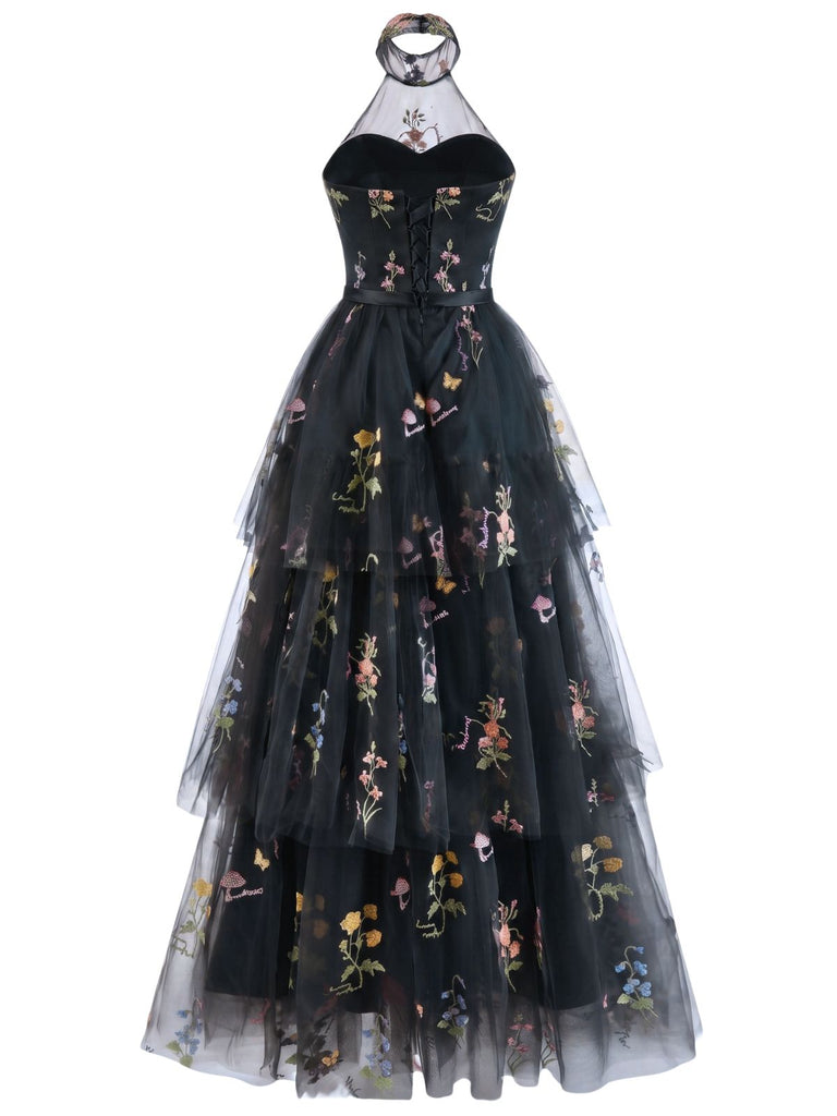 Robe Longue Satin Mesh Dos-Nu Broderie Florale à Volants Étagés Années 1930 4
