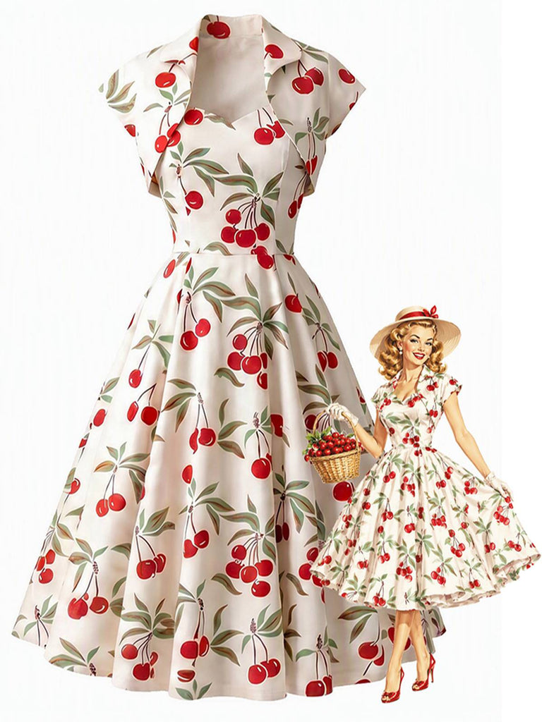 [Prévente] Robe Évasée Blanche Cerises Col Cœur Années 1950