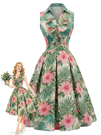 [Prévente] Robe Florale Tropicale à Col à Volants Années 1950