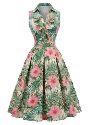 [Prévente] Robe Florale Tropicale à Col à Volants Années 1950