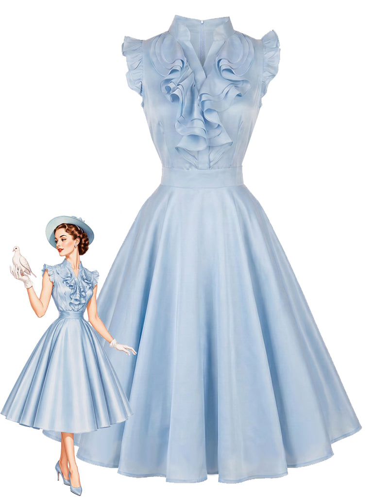 [Prévente] Robe évasée bleu clair unie à volants et col V Années 1950