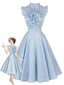 [Prévente] Robe évasée bleu clair unie col V et volants années 50