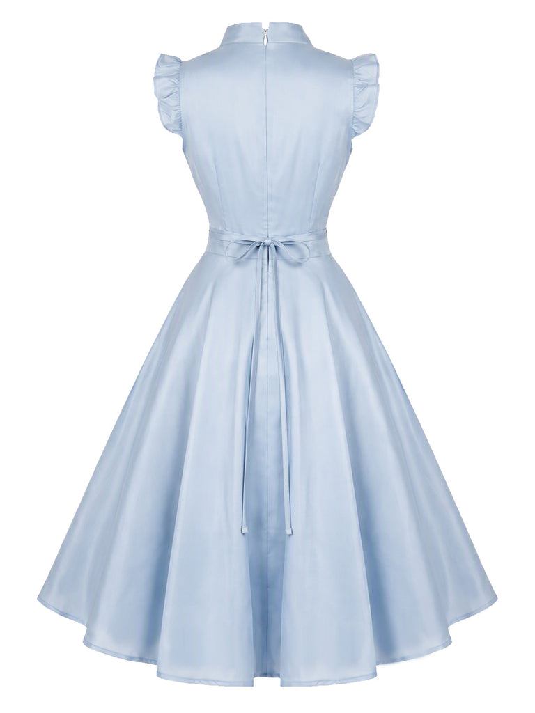 [Prévente] Robe évasée bleu clair unie à volants et col V Années 1950