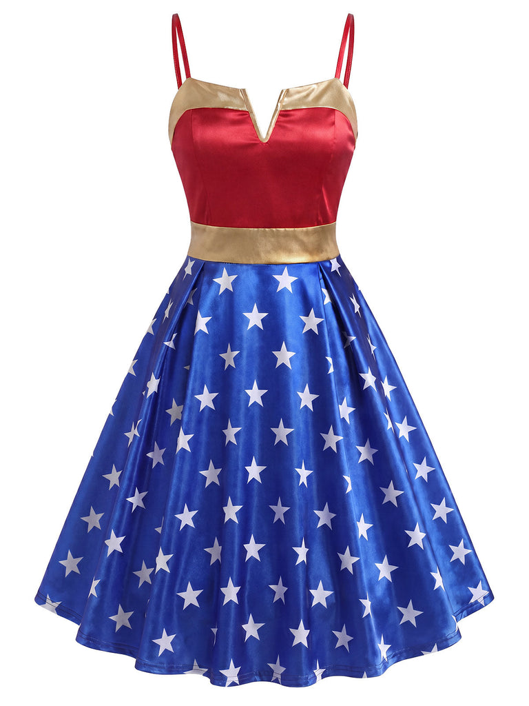 [Prévente] Robe Wonder Woman Étoile Imprimé Évasé Fête Années 1950 2