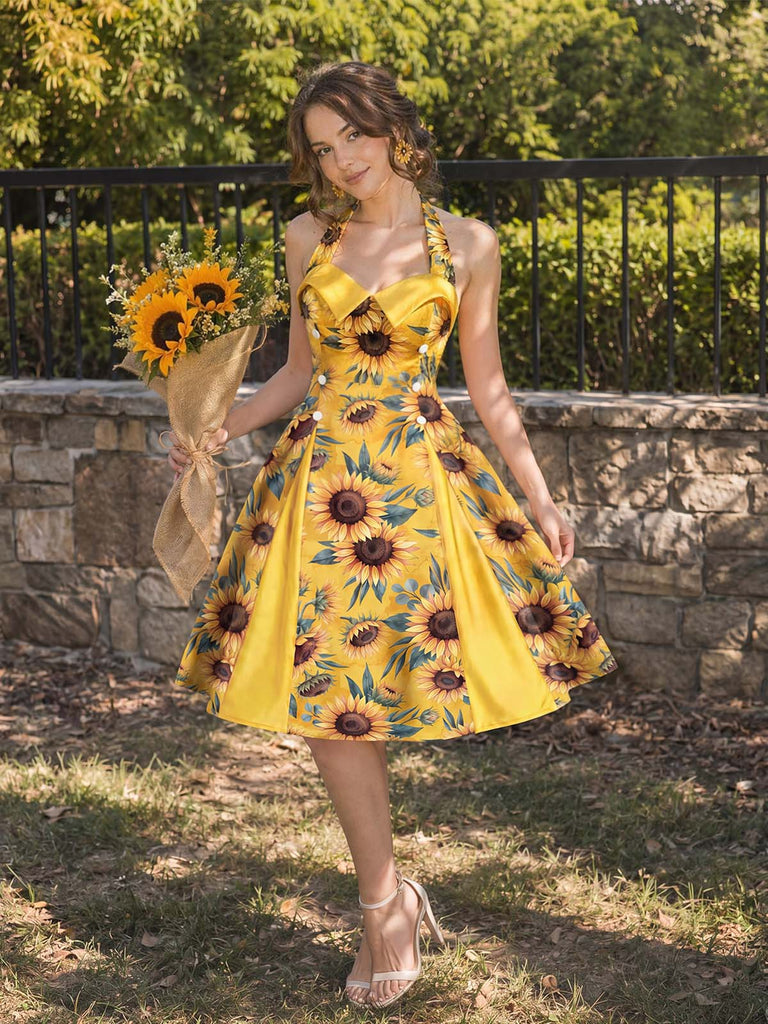 [Prévente] Robe Jaune Sunflower Dos Nu Box-Plissé Années 1950 2