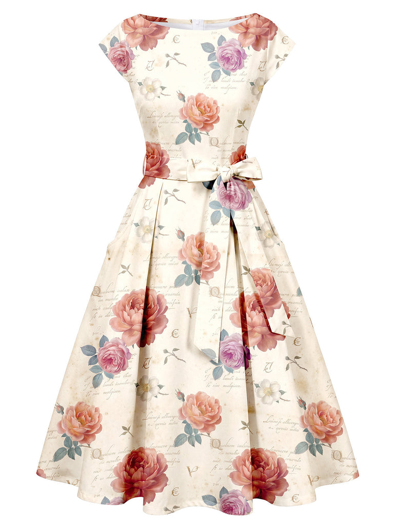 [Prévente] Robe Ivoire Rose Floral Vintage Nœud Midi Années 1950 2
