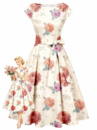 [Prévente] Robe Ivoire Rose Floral Vintage Nœud Midi Années 1950