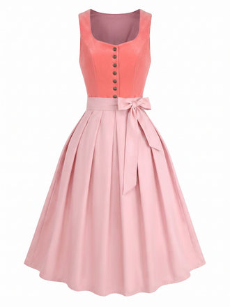 Robe en Velours à Col Cœur avec Boutons et Tablier Rose Années 1950