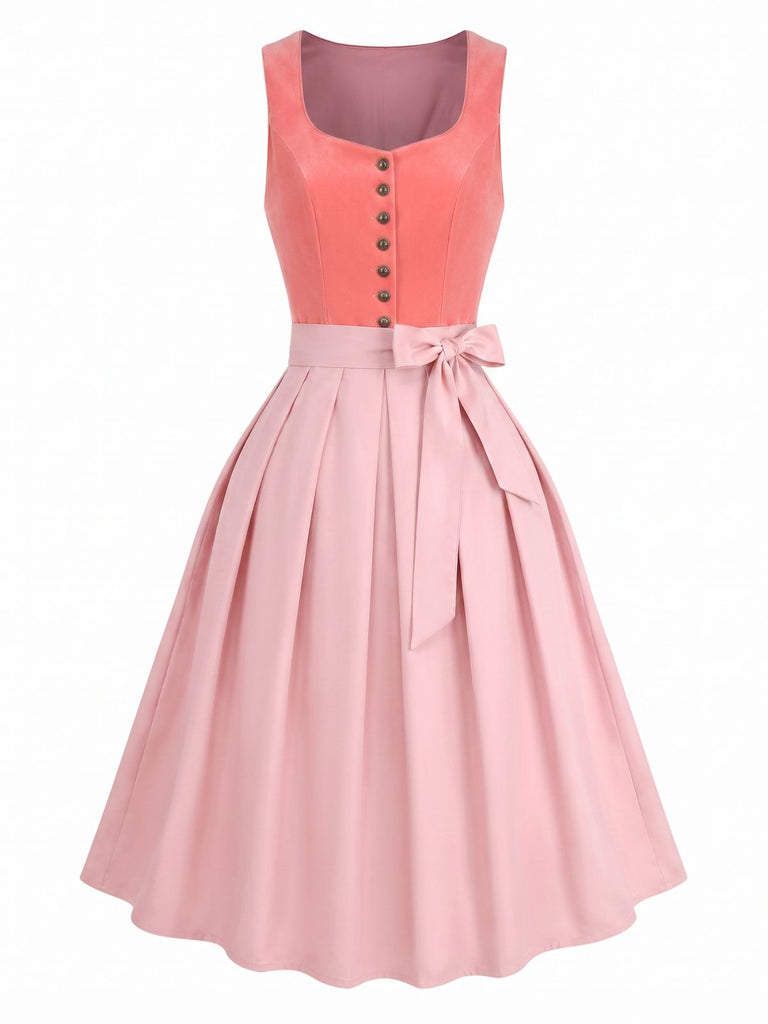 Robe en Velours à Col Cœur et Tablier et Top en Dentelle Rose Années 1950
