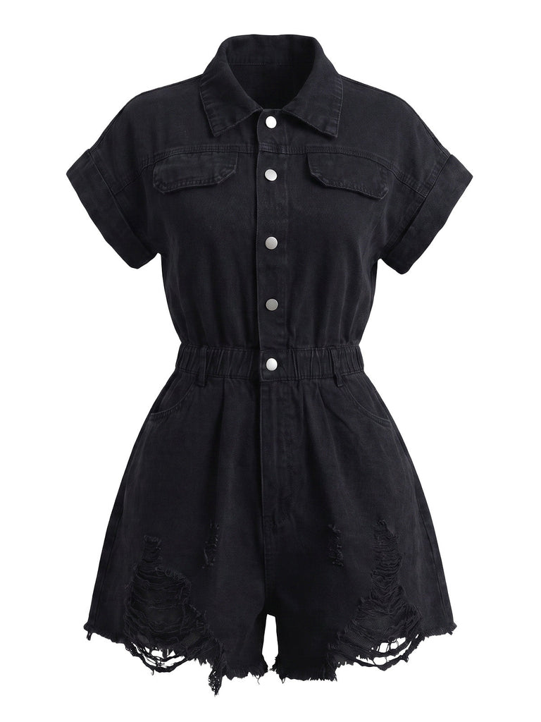 Combishort en Denim Délavé à Ourlet Effiloché avec Col Années 1970