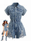 Combishort jean col effet usé et ourlet effiloché années 70