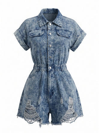 Combishort en Denim Délavé à Ourlet Effiloché avec Col Années 1970