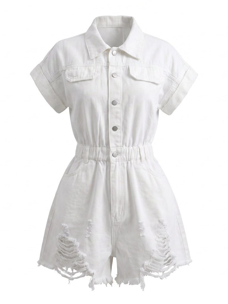 Combishort en Denim Délavé à Ourlet Effiloché avec Col Années 1970